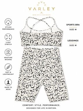 Varley Matching Sports Bra & Leggings Set White Black Print Size M EUC